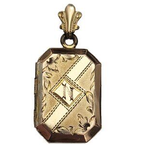 Gold Filled Vintage Hinged Square Locket With Bla… - image 1